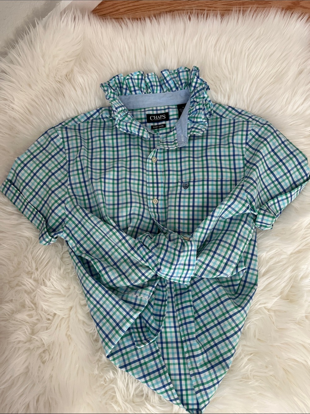 Chaps Short-Sleeve Plaid Button-Down Shirt - Light Blue & Green M
